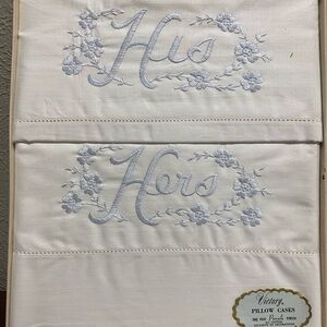 Vintage, Victory, Set of Embroidered His and Hers Pillowcases. In Original Box.